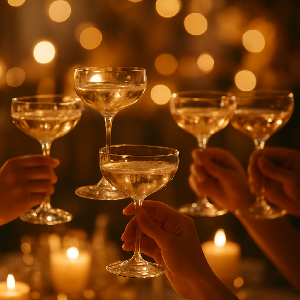 Guests raising glasses during an evening celebration