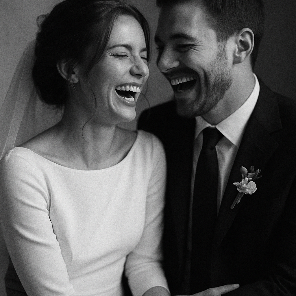 A couple laughing together on their wedding day